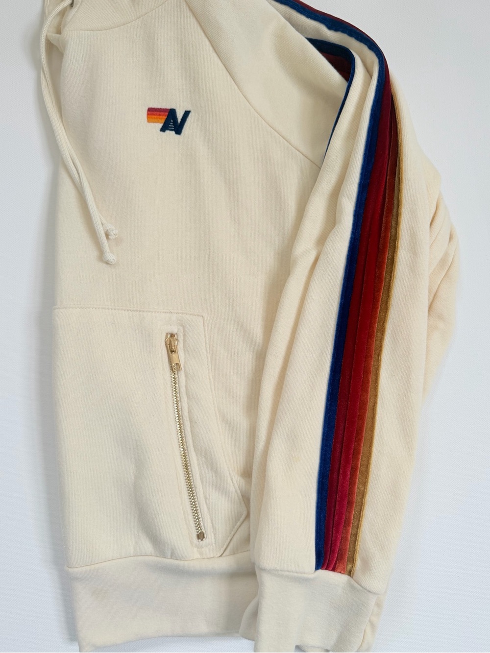 Aviator Nation Cream Hoodie with velvet Stripe Sleeve - RARE 🌈 MEDIUM - Picture 6 of 16